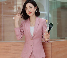 Load image into Gallery viewer, Gray Pink plaid Female elegant Women's Skirt Suits dress jacket costumes office work wear clothing 2 piece set jacket and blouse
