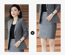 Load image into Gallery viewer, Gray Pink plaid Female elegant Women's Skirt Suits dress jacket costumes office work wear clothing 2 piece set jacket and blouse