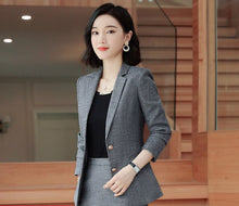 Load image into Gallery viewer, Gray Pink plaid Female elegant Women's Skirt Suits dress jacket costumes office work wear clothing 2 piece set jacket and blouse
