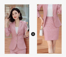 Load image into Gallery viewer, Gray Pink plaid Female elegant Women's Skirt Suits dress jacket costumes office work wear clothing 2 piece set jacket and blouse

