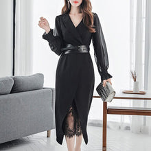Load image into Gallery viewer, 2020 New Autumn Dress Suits For Women Chiffon Long Sleeve Blazer Lace Dress Two Piece Set Sexy Ladies Office Wear Clothing Belt
