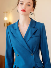 Load image into Gallery viewer, Peacock Blue Dress Suit Women OL Style Business Formal Work Wear Office Ladies Clothing Double Breasted Slim Long Sleeve Dresses
