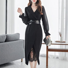 Load image into Gallery viewer, 2020 New Autumn Dress Suits For Women Chiffon Long Sleeve Blazer Lace Dress Two Piece Set Sexy Ladies Office Wear Clothing Belt
