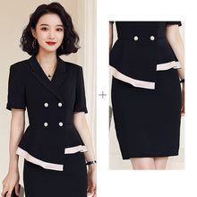 Load image into Gallery viewer, Black Formal Skirt Suits Women Business Work Jacket  Set Fashion Blazer Office Lady OL Female Clothing Short Sleeve 2 Piece Set
