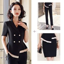 Load image into Gallery viewer, Black Formal Skirt Suits Women Business Work Jacket  Set Fashion Blazer Office Lady OL Female Clothing Short Sleeve 2 Piece Set
