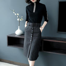 Load image into Gallery viewer, With Belt ! 2 Piece Elegant Spring Autumn Women Skirt Clothing Set Knit Sweaters Tops And Stripped Cut Skirt Suits Set NS270
