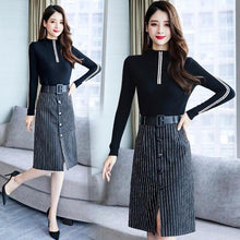 Load image into Gallery viewer, With Belt ! 2 Piece Elegant Spring Autumn Women Skirt Clothing Set Knit Sweaters Tops And Stripped Cut Skirt Suits Set NS270
