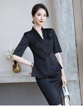 Load image into Gallery viewer, New 2020 Summer Clothing Skirt Set Mid-sleeve Blazer Suit Women Office Pink/Black Lady Formal Work Uniform Skirt and Jacket Set
