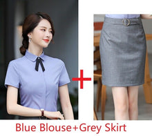 Load image into Gallery viewer, 2019 Summer Short Sleeve With Skirt and Blouses Business Women Work Wear Suits OL Styles Office Clothing Sets Fashion Striped
